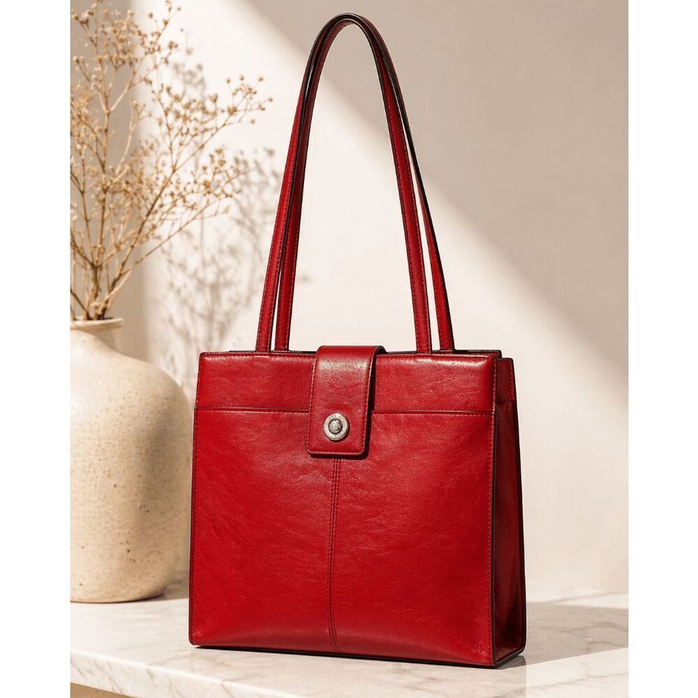VTG Red Leather Tote Bag Structured Shoulder Purse Minimalist Office Chic
